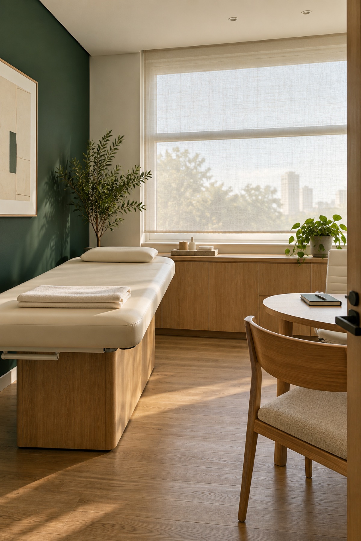 Sala de atendimento com maca off-white, parede verde-escura, armários de madeira e janela ampla