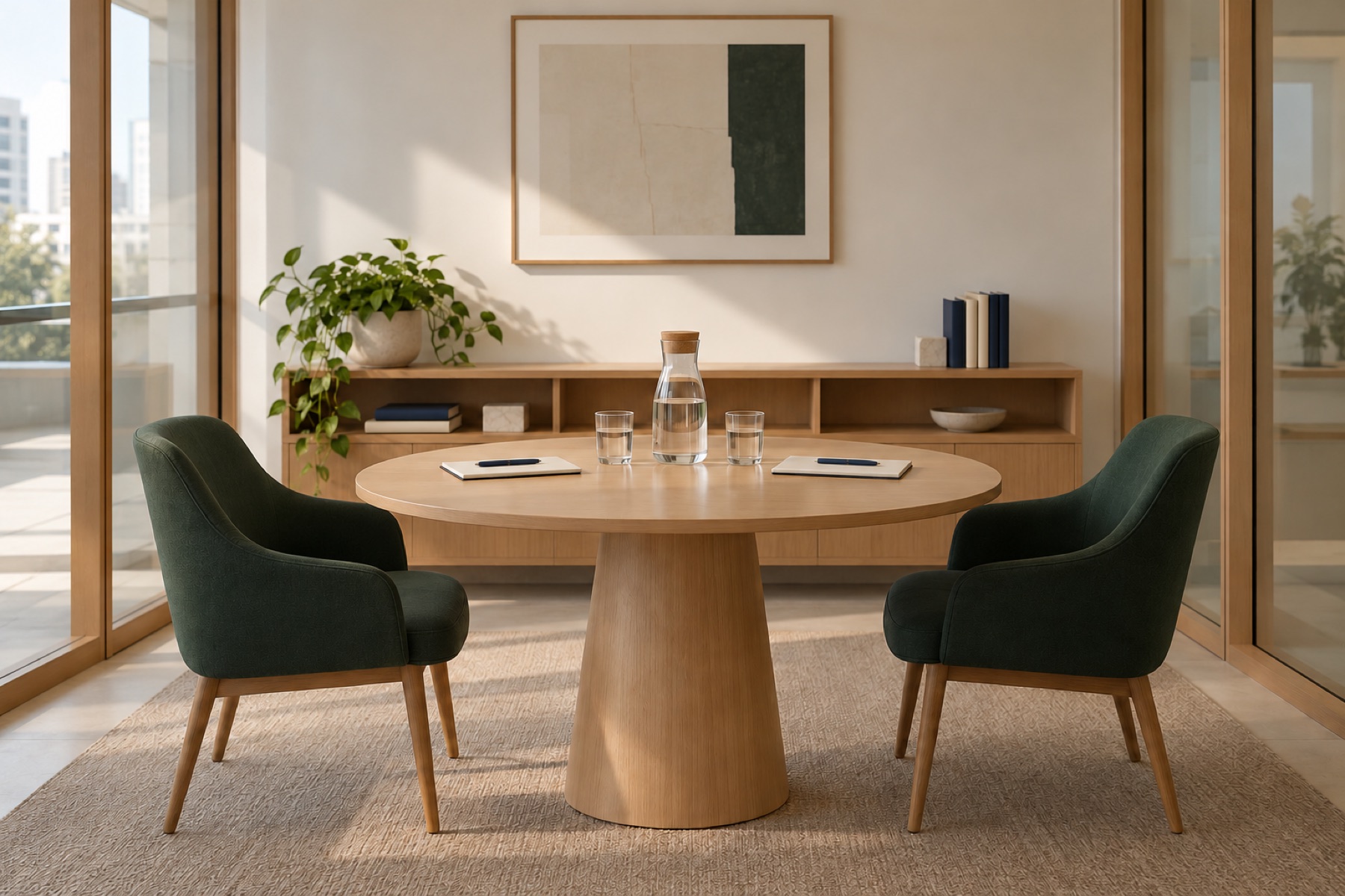 Sala de reunião com mesa redonda de madeira, duas poltronas verdes frente a frente, jarra de água e cadernos